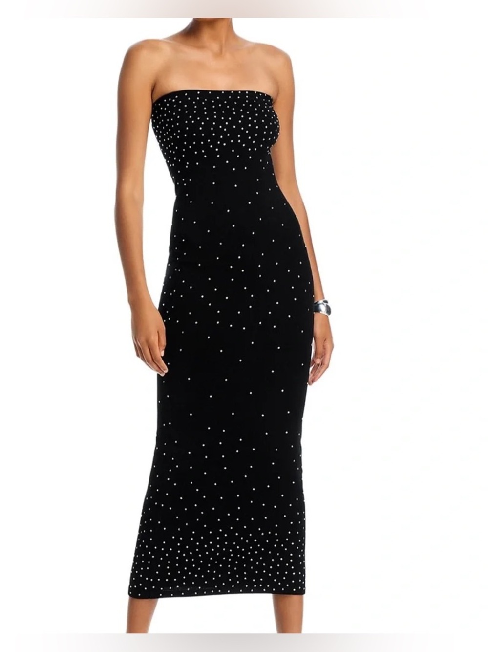 AQUA Rhinestone Tube  Black Strapless Pearl-Embellished Midi Dress Medium